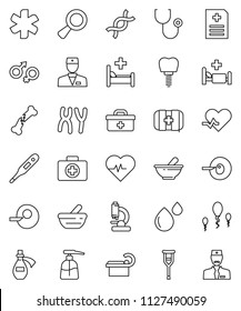 thin line vector icon set - liquid soap vector, heart pulse, first aid kit, doctor bag, ambulance star, thermometer, gender sign, dna, magnifier, insemination, crutches, broken bone, stethoscope