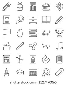 thin line vector icon set - book vector, copybook, graduate hat, pencil, drawing compass, glasses, student, backpack, apple fruit, atom, pen, calculator, schedule, award cup, medal, magnet, scissors