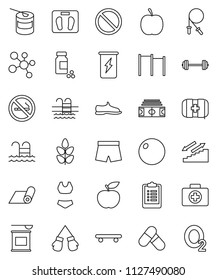 thin line vector icon set - diet vector, barbell, scales, stadium, clipboard, pills vial, jump rope, horizontal bar, fitball, snickers, boxing glove, shorts, swimsuite, skateboard, sports nutrition