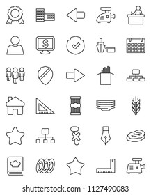 thin line vector icon set - plates vector, cookbook, pasta, steak, pen, school building, corner ruler, student, medal, man, hierarchy, monitor dollar, calendar, cereals, port, no hook, protected