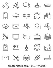 thin line vector icon set - satellite vector, clipboard, radio, antenna, satellitie, mobile phone, dialog, mail, hdmi, connect, network, server, cloud lock, big data, lan connector, refresh, monitor