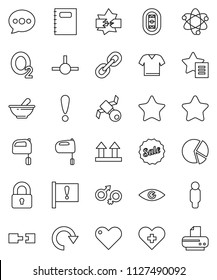 thin line vector icon set - mixer vector, copybook, atom, pie graph, man, oxygen, stadium, attention, satellite, top sign, link, favorites, heart, cross, eye, gender, mortar, connect, disconnection