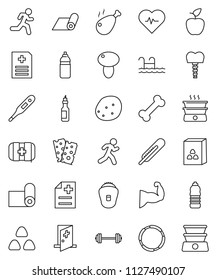 thin line vector icon set - cereal vector, mushroom, potato, chicken leg, oil, apple fruit, barbell, heart pulse, muscule hand, water bottle, fitness mat, breads, first aid kit, bone, hoop, run