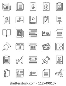 thin line vector icon set - cleaner trolley vector, book, paper pin, certificate, document, check, receipt, binder, dollar calendar, money, clipboard, newspaper, thumbtack, network, plan, catalog