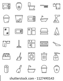 thin line vector icon set - plunger vector, broom, fetlock, mop, scoop, bucket, sponge, trash bin, window cleaning, welcome mat, bath, toilet, drying clothes, liquid soap, shining, paper, towel