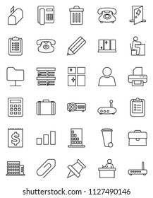 thin line vector icon set - trash bin vector, shining window, pencil, student, clipboard, paper pin, exam, case, phone, receipt, sorting, classic, medical room, network folder, router, attachment