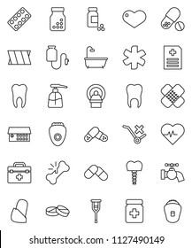 thin line vector icon set - water tap vector, liquid soap, heart pulse, pills vial, no trolley, doctor bag, ambulance star, crutches, broken bone, patch, bottle, blister, anamnesis, tomography, bath