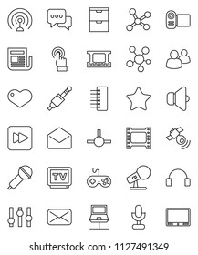 thin line vector icon set - film frame vector, microphone, antenna, satellitie, newspaper, speaker, gamepad, settings, tv, touchscreen, dialog, headphones, social media, group, favorites, heart, hub