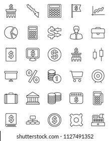 thin line vector icon set - bank vector, exchange, dollar coin, graph, pie, cart, japanese candle, crisis, manager, case, stack, annual report, building, calculator, receipt, target, flag, hierarchy
