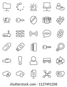thin line vector icon set - network vector, notebook, disconnection, folder, cloud shield, lock, server, equalizer, hub, usb modem, router, lan connector, message, bench, loading, chain, route arrow