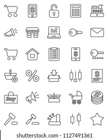 thin line vector icon set - cart vector, japanese candle, laptop graph, office, dollar coin, percent, buy, cashbox, receipt, basket, home, shopping list, calculator, auction, mail, loudspeaker, star