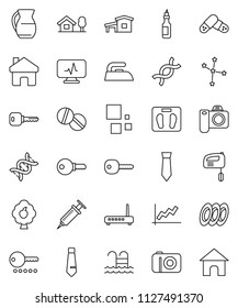 thin line vector icon set - iron vector, plates, jug, oil, constellation, graph, tie, scales, pool, dna, syringe, pills, diagnostic monitor, home, loading, key, cottage, chalet, fruit tree, password