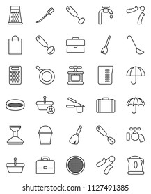 thin line vector icon set - broom vector, bucket, water tap, car fetlock, pan, measuring cup, cook press, whisk, ladle, grater, sieve, case, hand trainer, umbrella, supply, shopping bag, basket