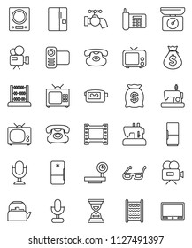 thin line vector icon set - water tap vector, washboard, kettle, glasses, abacus, money bag, sand clock, phone, big scales, film frame, tv, video camera, microphone, classic, fridge, kitchen
