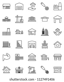 thin line vector icon set - house hold vector, skimmer, university, school building, bank, muscule hand, office, dry cargo, warehouse, hospital, cottage, chalet, garage, barn, apartments, factory