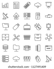 thin line vector icon set - presentation vector, archive, personal information, graph, dollar growth, barcode, music hit, social media, network, server, folder, cloud, big data, browser, hub, usb