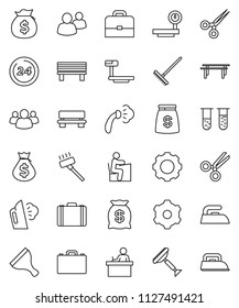 thin line vector icon set - scraper vector, vacuum cleaner, rake, iron, steaming, student, case, money bag, horizontal bar, big scales, group, vial, scissors, gear, bench, 24 hour