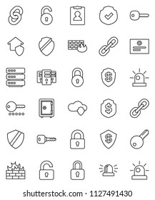 thin line vector icon set - certificate vector, personal information, dollar shield, safe, protected, link, cloud, big data, server, firewall, chain, lock, unlock, key, siren, home protect, password