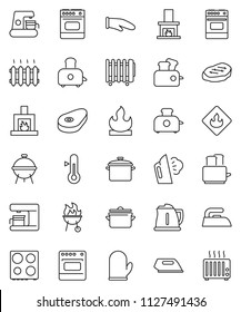 thin line vector icon set - iron vector, steaming, pan, kettle, cook glove, toaster, oven, thermometer, bbq, steak, flammable, fireplace, heating, coffee maker, heater