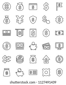 thin line vector icon set - exchange vector, dollar coin, cash, money bag, piggy bank, growth, receipt, medal, flag, shield, calendar, monitor, cursor, any currency, yen sign