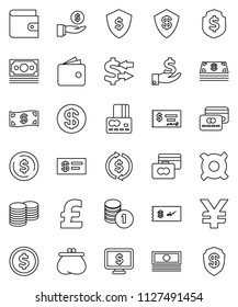 thin line vector icon set - exchange vector, dollar coin, credit card, wallet, cash, investment, stack, check, shield, monitor, any currency, pound, yen sign, money