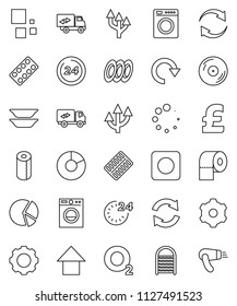 thin line vector icon set - washboard vector, toilet paper, plates, pie graph, arrow up, pound, oxygen, disk, rec button, pills blister, gear, refresh, redo, loading, route, relocation truck, washer