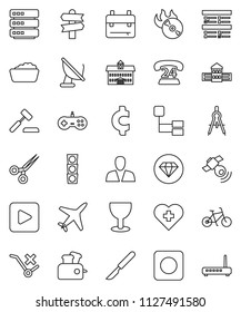 thin line vector icon set - foam basin vector, university, school building, drawing compass, backpack, exam, cent sign, bike, heart cross, signpost, plane, traffic light, phone 24, glass, no trolley