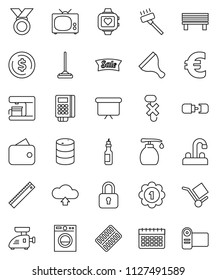 thin line vector icon set - scraper vector, vacuum cleaner, mop, liquid soap, water tap, oil, ruler, dollar coin, presentation board, euro sign, medal, heart monitor, calendar, cargo, no hook, bench