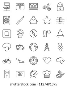 thin line vector icon set - scoop vector, welcome mat, drying clothes, washer, cook hat, knife, mushroom, drawing compass, bell, table lamp, clock, dollar calendar, bike, pool, heart cross, earth