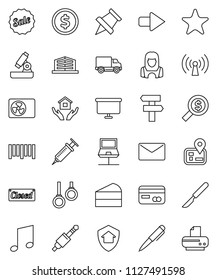 thin line vector icon set - house hold vector, cleaner woman, cake, pen, microscope, paper pin, music, dollar coin, money search, presentation board, gymnast rings, navigator, delivery, barcode