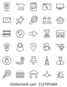 thin line vector icon set - map pin vector, client, truck trailer, top sign, no trolley, warehouse, big scales, cargo search, antenna, video camera, thumbtack, sand clock, bandage, ovule, connect