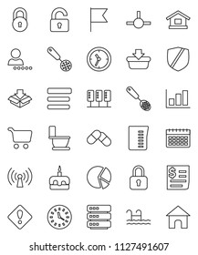 thin line vector icon set - toilet vector, measuring cup, skimmer, cake, flag, graph, pie, cart, calendar, clock, receipt, protected, pills, connect, server, big data, menu, lock, login, pool, home
