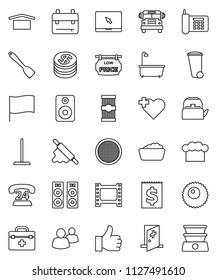 thin line vector icon set - mop vector, trash bin, bath, foam basin, kettle, cook hat, spatula, rolling pin, sieve, pasta, backpack, school bus, flag, heart cross, phone, 24, receipt, dry cargo