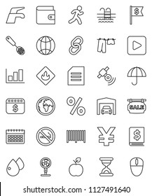 thin line vector icon set - water tap vector, drying clothes, skimmer, apple fruit, document, graph, wallet, annual report, dollar flag, calendar, yen sign, pool, no smoking, run, earth, umbrella