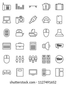 thin line vector icon set - kettle vector, copybook, calculator, notebook pc, case, man, calendar, skateboard, stadium, speaker, settings, equalizer, video camera, mobile phone, monitor, hdmi, new