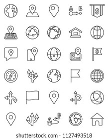 thin line vector icon set - compass vector, world, flag, dollar, route, navigator, earth, map pin, traking, internet, connection, globe, arrow, home