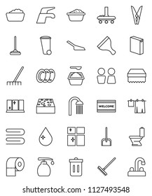 thin line vector icon set - scraper vector, water tap, vacuum cleaner, mop, scoop, rake, clothespin, sponge, towel, trash bin, drop, welcome mat, toilet, drying clothes, foam basin, washing powder