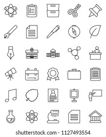 thin line vector icon set - pen vector, university, school building, blackboard, student, case, backpack, atom, telescope, table lamp, clipboard, paper pin, compass, medal, scissors, presentation