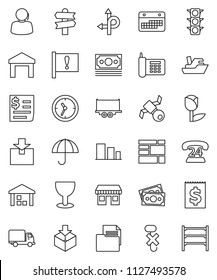 thin line vector icon set - route vector, signpost, attention, office, satellite, money, traffic light, phone, 24, support, ship, truck trailer, delivery, clock, calendar, receipt, document, glass