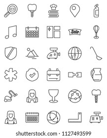 thin line vector icon set - vacuum cleaner vector, window cleaning, agent, woman, ladle, cookbook, jug, corner ruler, backpack, music, punching bag, calendar, glass, protected, cargo search, pin