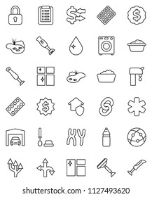 thin line vector icon set - scraper vector, water drop, window cleaning, toilet brush, foam basin, shining, blender, exchange, dollar medal, bottle, route, internet, ambulance star, pills blister