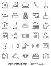 thin line vector icon set - scraper vector, broom, vacuum cleaner, fetlock, scoop, sponge, iron, steaming, drying clothes, sink, water tap, kettle, colander, grater, microwave oven, dishwasher