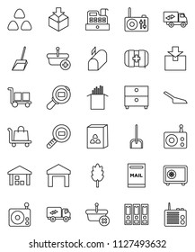 thin line vector icon set - scoop vector, cereal, pasta, archive, binder, safe, first aid kit, cargo, warehouse, package, search, radio, mailbox, relocation truck, cashbox, basket, trolley