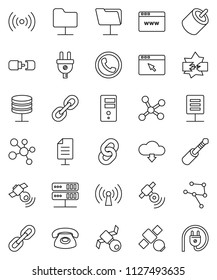 thin line vector icon set - molecule vector, satellite, satellitie, link, rca, jack, network, disconnection, folder, server, browser, cloud download, chain, connection, document, wireless, phone