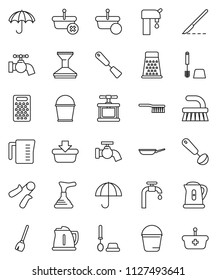 thin line vector icon set - plunger vector, broom, fetlock, bucket, water tap, car, toilet brush, pan, kettle, measuring cup, cook press, spatula, ladle, grater, hand trainer, umbrella, scalpel