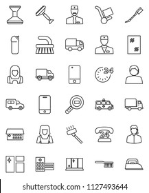 thin line vector icon set - scraper vector, vacuum cleaner, car, window cleaning, agent, shining, woman, phone 24, support, delivery, cargo search, mobile, doctor, hospital building, hour