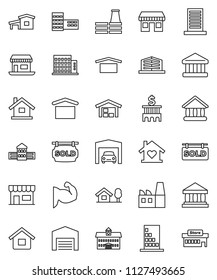 thin line vector icon set - university vector, school building, bank, muscule hand, office, dry cargo, house, cottage, chalet, garage, barn, sold signboard, apartments, love home, factory, store