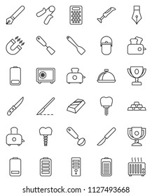 thin line vector icon set - camping cauldron vector, spatula, ladle, knife, grater, toaster, dish, pen, award cup, magnet, gold ingot, safe, hand trainer, battery, scalpel, tooth implant, blender