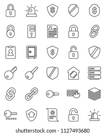 thin line vector icon set - certificate vector, personal information, dollar shield, safe, protected, link, big data, server, firewall, chain, lock, key, unlock, smart home, protect, password, siren