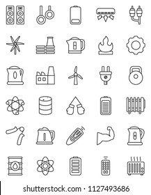 thin line vector icon set - kettle vector, atom, weight, hand trainer, muscule, boxing glove, gymnast rings, flammable, oil barrel, remote control, battery, rca, gear, windmill, air conditioner